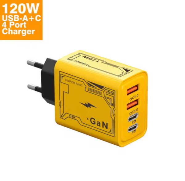 120W GaN Snellader (Geel) – 4 Poorts USB-A & USB-C - Afbeelding 2