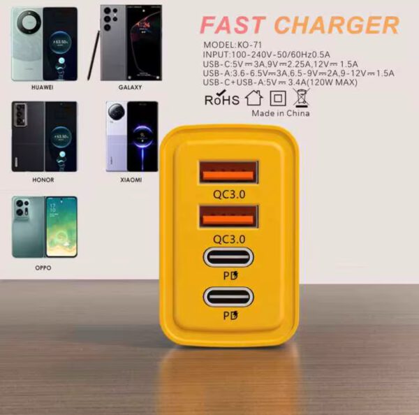 120W GaN Snellader (Geel) – 4 Poorts USB-A & USB-C